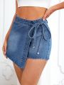 Wrap Knot Side Raw Hem Denim Skort