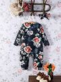Baby Girl Floral Print Contrast Binding Jumpsuit & Headband