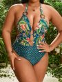 SHEIN Swim SXY Plus Size Tropical Print & Leopard Splice One-Piece Swimsuit