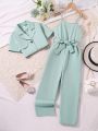 SHEIN Big Girls' Plain Color Suspender Pants And Shirt 2pcs/set