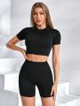 Yoga Basic High Neck Cropped Top And Leggings Athletic Sets