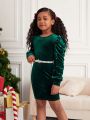 SHEIN Kids Cooltwn Tween Girl Pearls Beaded Puff Sleeve Velvet Tied Backless Dress Without Belt