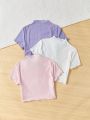 SHEIN Kids EVRYDAY Tween Girls' Trendy Slim Fit T-Shirt With Stand Collar & Hollow Out & Jacquard Design, Pack Of 3