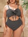 SHEIN Swim Vcay Plus Size Striped Hollow Cutout One-Piece Swimsuit With Drawstring