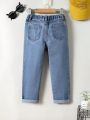 SHEIN Young Boy Bear Print Ripped Frayed Straight Leg Jeans