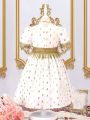 SHEIN Kids Nujoom Little Girls' Gold Foil Print Woven Tape Trim Patchwork Tassel Decoration Dress