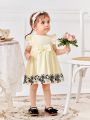 SHEIN Infant Girls' Cute Sleeveless Dress With Pale Yellow Bowknot & Lace Details