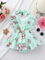 Baby Allover Floral Print Ruffle Trim Combo Bodysuit Dress & Headband