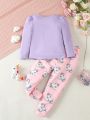 SHEIN Kids EVRYDAY Toddler Girls' Unicorn Printed Letter Printed Rhinestone Casual Comfortable 2pcs Outfit