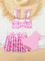 Toddler Girls' Fish Pattern Ruffled Bikini Set And Beach Skirt