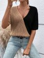 SHEIN Essnce Two Tone Drop Shoulder Wrap Front Knit Top