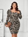 SHEIN Clasi Women's Plus Size Leopard Print Bubble Sleeve Square Neck Dress