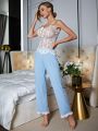 Sheer Lace Tie Front Ruffle Hem PJ Set