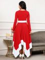 SHEIN Lady Contrast Color Irregular Hem Belted Dress