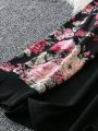 Women's Plus Size Flower Printed Patchwork Drop Shoulder Sleeve T-shirt