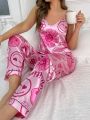 Heart & Floral Print Satin PJ Set