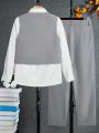 Teenage Boys' Elegant Casual College Style Shirt Vest Pants 3pcs/Set Gentleman Outfits