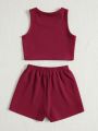 SHEIN Kids EVRYDAY Tween Girls' Knitted Texture Solid Color Vest And Shorts Casual Set