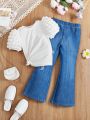 SHEIN Kids Y2Kool Little Girls' Fashionable Sweet Knit Short Sleeve Top With Round Neckline And Bell Bottom Knit Pants