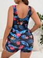 SHEIN SHEIN Swim SPRTY Plus Tropical Print Zip Front One Piece Swimsuit