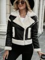 SHEIN Essnce Teddy Lined Drop Shoulder Leather Look Jacket