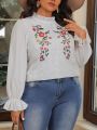 SHEIN VCAY Plus Size Floral Pattern Bell Sleeve Eyelet Embroidered Top