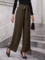 Solid Color Belted High Waisted Trousers