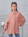 SHEIN Girls' Vintage Simple Solid Color Long Sleeve Woven Shirt For Street Fashion