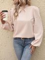 Women's Solid Color Pearl Beaded Lantern Sleeve Shirt