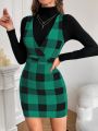 SHEIN Privé Buffalo Plaid Overall Dress Without Sweater