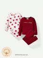 Cozy Cub Baby Girl 2pcs Heart & Letter Graphic Thermal Lined Sleep Tee & 2pc Sleep Pants