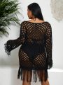 SHEIN Swim BohoFeel 1pc Plus Size Knitted Cover Up Dress With Fringe Decoration And Hollow Out Design