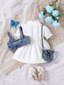 Baby Girl'S Denim Suspender And Puff Sleeve Dress Suit