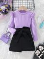 Little Girls' Solid Color Splice Top And Skirt Set