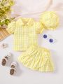 2pcs/Set Sweet Plaid Turn-Down Collar Short Sleeve Shirt And Skirt Outfit For Baby Girls