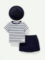 Cozy Cub Infant Boys' Striped Raglan Sleeve Pullover, Solid Shorts, And Hat 3-piece Set