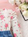 2-Piece Baby Girl Round Neck Floral All-Over Printed Puff Sleeve T-Shirt And Irregular Denim Skirt Set