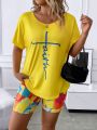 SHEIN LUNE Plus Letter Graphic Batwing Sleeve Tee & Biker Shorts