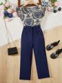 SHEIN Kids FANZEY Girls' Elegant Printed Shirt And Pants Set