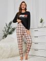 Women'S Cartoon Print Plaid Homewear Set With Long Sleeve Top And Long Pants, Family Matching Outfits Mommy And Me (4 Sets Sold Separately)