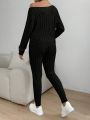 SHEIN Essnce Cable Knit Boat Neck Drop Shoulder Sweater & Knit Pants