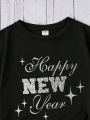 Teen Girls' Casual New Year Slogan Printed Short Sleeve T-Shirt