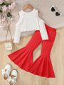SHEIN Toddler Girls' Two Piece Round Neck Ruffle Trim Cold-Shoulder Top With Plain Flare Pants For Fall Season