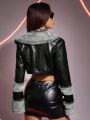 SHEIN ICON Borg Panel Zip Up Crop PU Leather Jacket