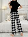 Ladies' Letter Printed Top & Checkered Pants Home Wear Set