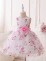 Little Girls' Sleeveless Party Dress With 3d Floral Decoration, Lace Floral Pattern