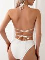 SHEIN Swim Chicsea Solid Plain Criss Cross Halter Bikini Swimsuit