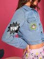 THE POWERPUFF GIRLS X SHEIN 1pc Cartoon Graphic Flap Pocket Crop Denim Jacket