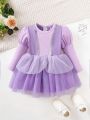 Infant Girls' Lamb Sleeve Mesh Patchwork Dress With Ruffle Hem