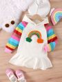 Toddler Girls' Rainbow Color Block Hooded Long Sleeve Embroidery Detail Dress For Fall/winter